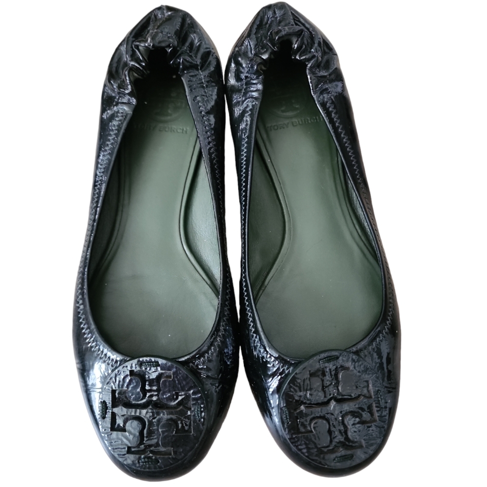 Tory Burrch Black Elastic Patent Leather Ballet Flat Dress Womens Shoes